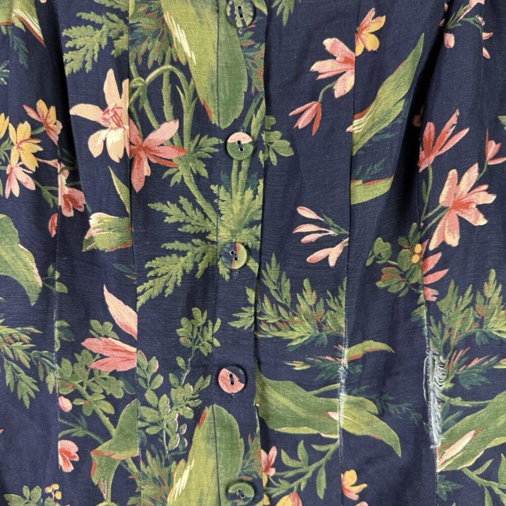 PAIGE Silk Linen Floral Puff Sleeve Midi Dress Blue Green Cottagecore Flaw - Picture 4 of 10